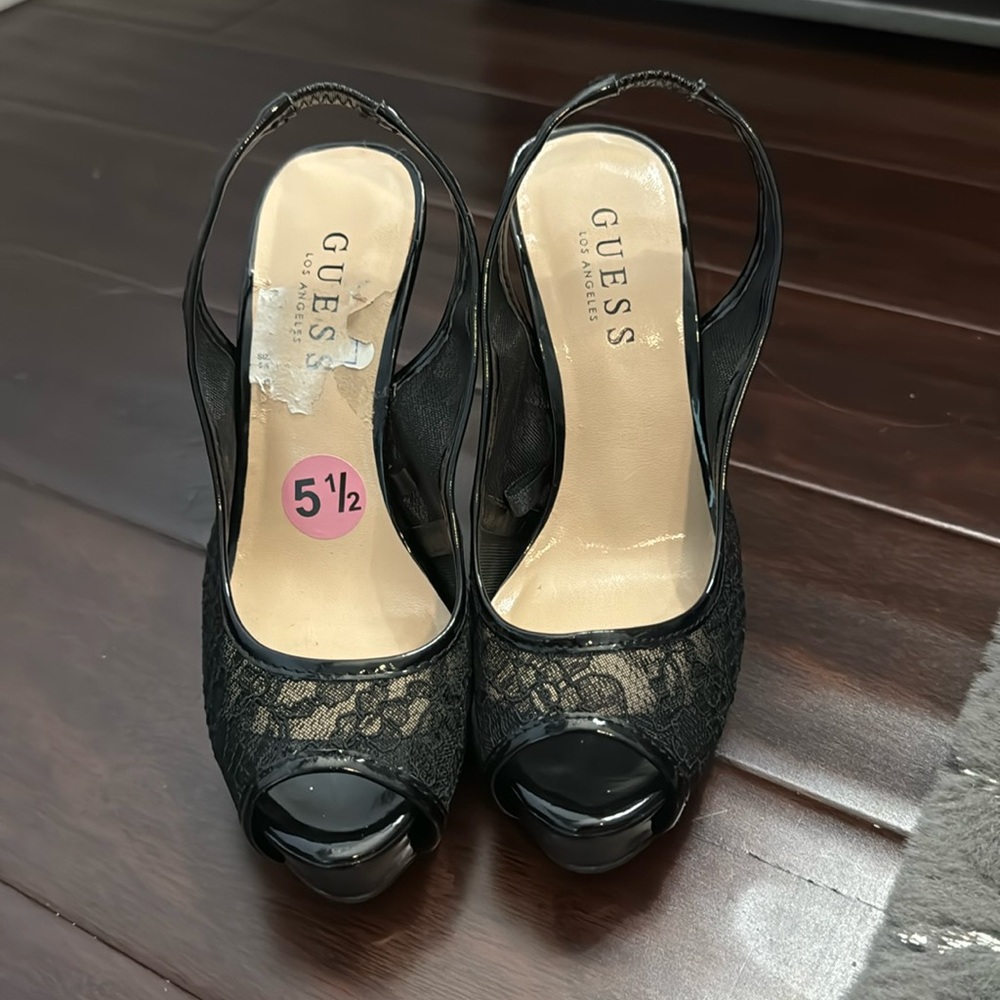 GUESS size 5 1/2 lace slip on heel with peekaboo toe